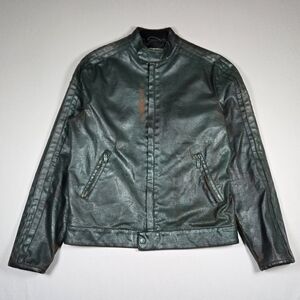 Toxic Hazard Distressed Moto Leather Racer Jacket Size Small Green Black